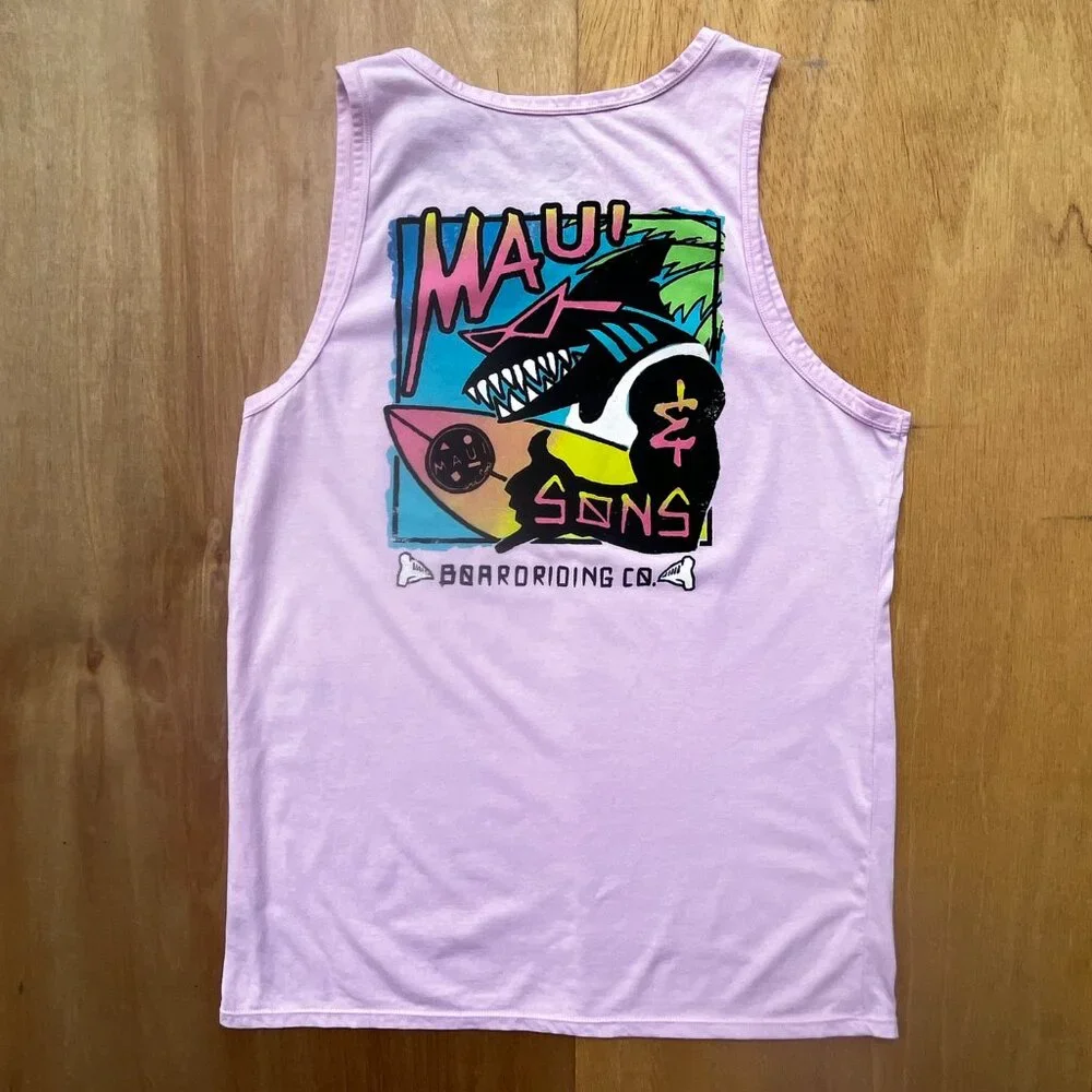 MAUI AND SONS SHARK SURFER GRAPHIC TANK TOP Men’s sz M Crew Neck Pink - Picture 2 of 7